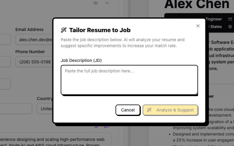 Tailor resume to job dialog screenshot